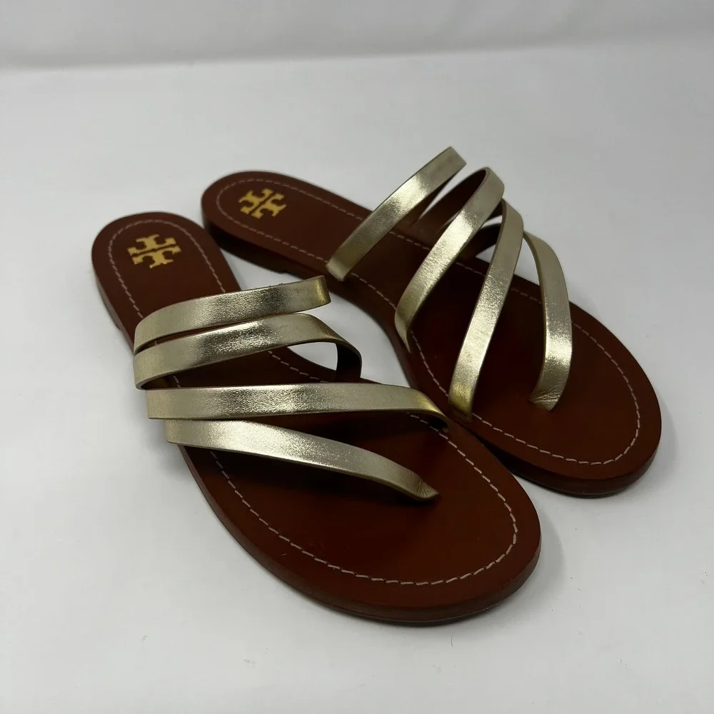 Tory Burch Metallic Gold Strappy Flat Slide Sandals Womens 10M 5310M